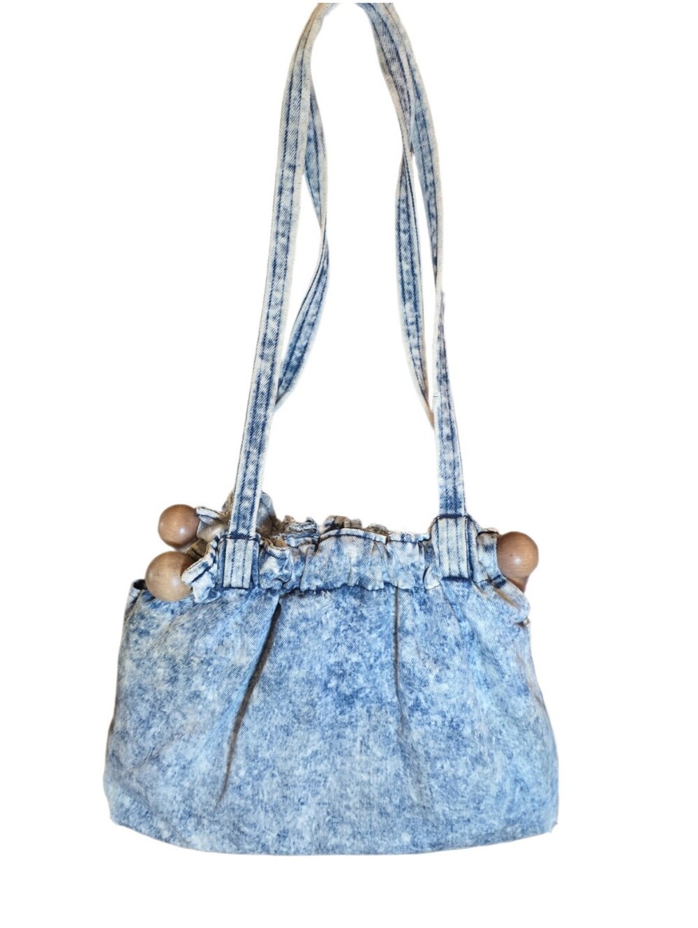 VTG 1980s Acid Wash Denim Shoulder Bag Drawstring Wood Bead Boho Slouchy Tote - Picture 5 of 15